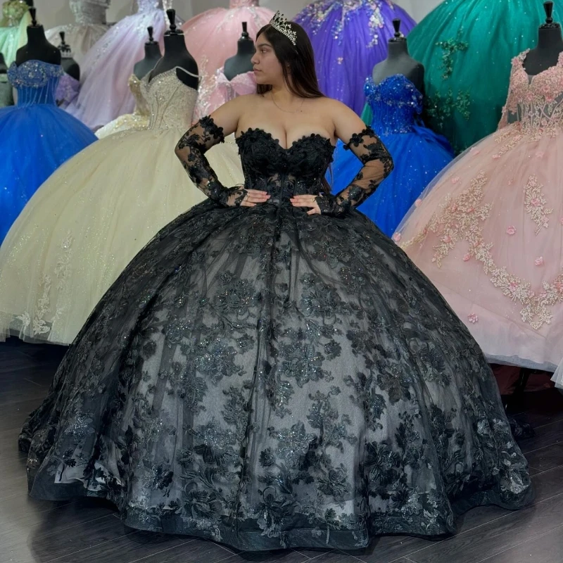 

Black Shiny Quinceanera Dresses Ball Gown Off The Shoulder Beading Appliques Lace Tull Corset Sweet 16 Vestidos De 15 Años