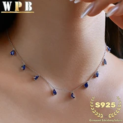 ‌Blue Zircon Teardrop Necklace 9 Stone S925 Sterling Silver Symmetrical Prong Setting Women Wedding Gift Daily Formal Jewelry