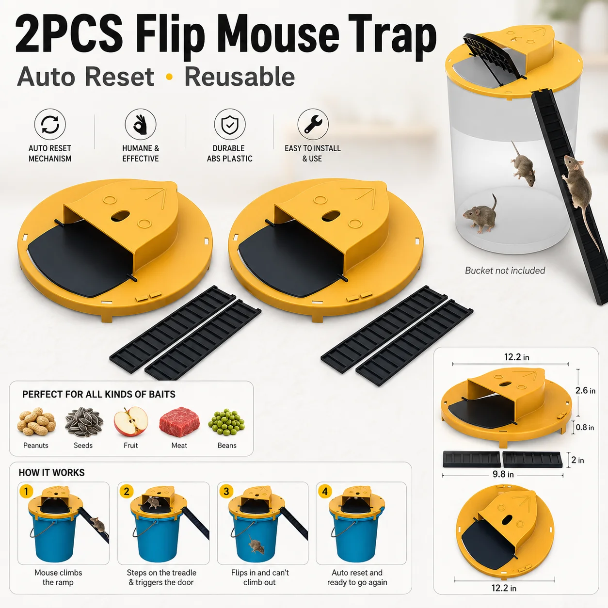 2PCS Flip Mouse Trap Bucket Lid, Automatic Reset Reusable Mouse Catcher, No Kill Rodent Trap with Ramp, Household Garage Garden Pest Control Tool