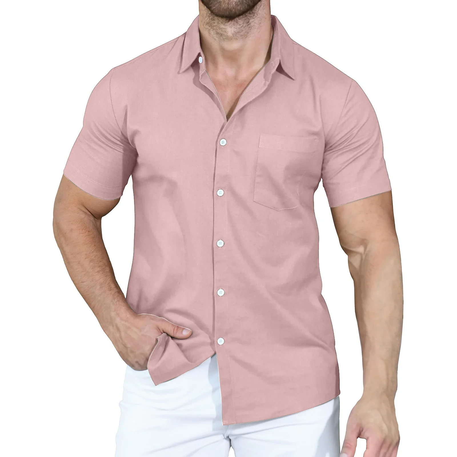 2023 Summer New Men\'s Shirts Cross border Solid Color Polo Button Loose Short Sleeve Shirt for Men