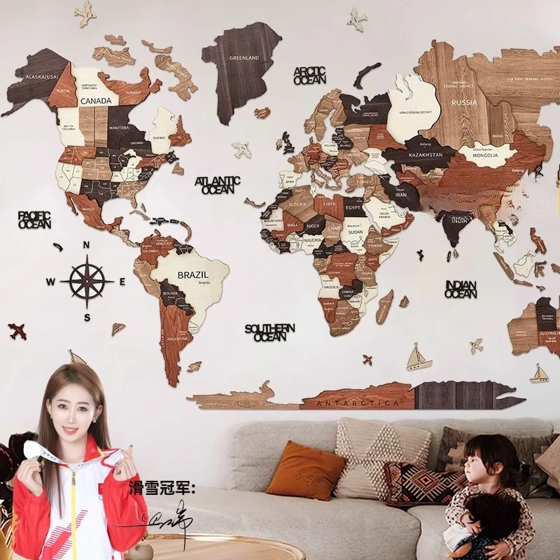 Solid wood world map wall decoration 3D three-dimensional map splicing wall hanging Nordic wall decoration simple painting view 2