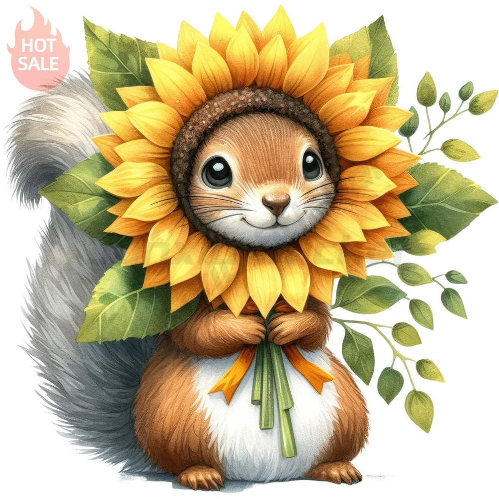Squirrel Sunflower Cute Nature Adorable Autumn Illustration Vinyl Sticker For Laptop Scratch Cover Decal Personalized Decor