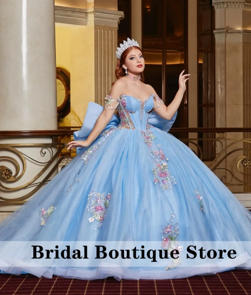 Sky Blue Quinceanera Dress Sweetheart Beaded Crystals Delicate Flower Appliques Ball Gown Birthday Gowns With Bow Customized 