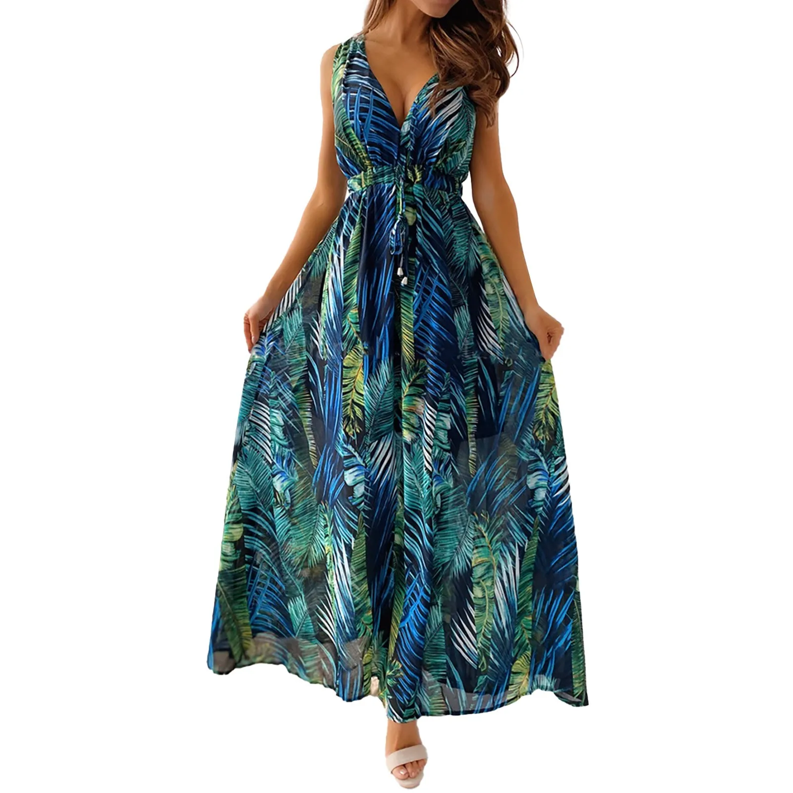 Women\'s Sexy Beach Print V Neck Tie Waist Long Sleeveless Dress Womens Beach Dresses plus Size