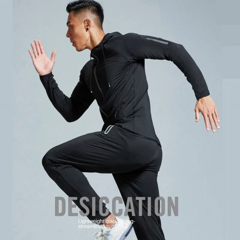 2pcs Men's  Training Sports Set Quick Dry Jacket And Pants Hooded Fitness Outfit for Active Wear