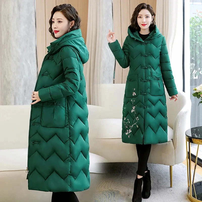 2023 New Embroidered Ethnic Women's Long Coat Winter Down Cotton Jacket Fashion Hooded Parkas Casual Thicken Warm Female Overcoa