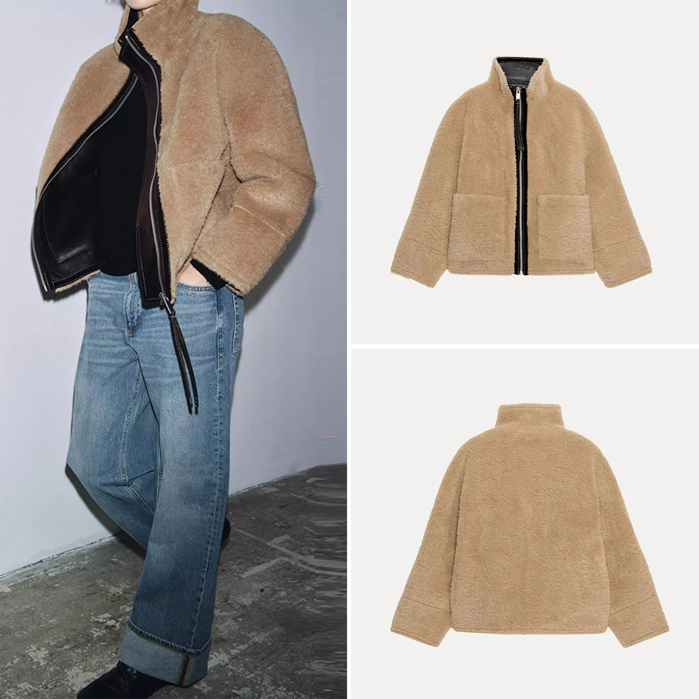 

Женская двусторонняя куртка Ele с длинными рукавами и воротником-стойкой, осенняя коллекция 2025, новинка, приталенный крой, верхняя одежда для женщин