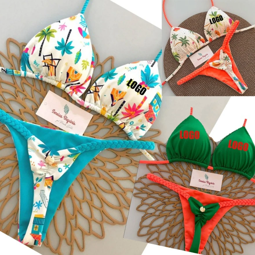 Customized LOGO women's new small fresh printing sexy bikini split fashion braided rope European and American bikini swimwear