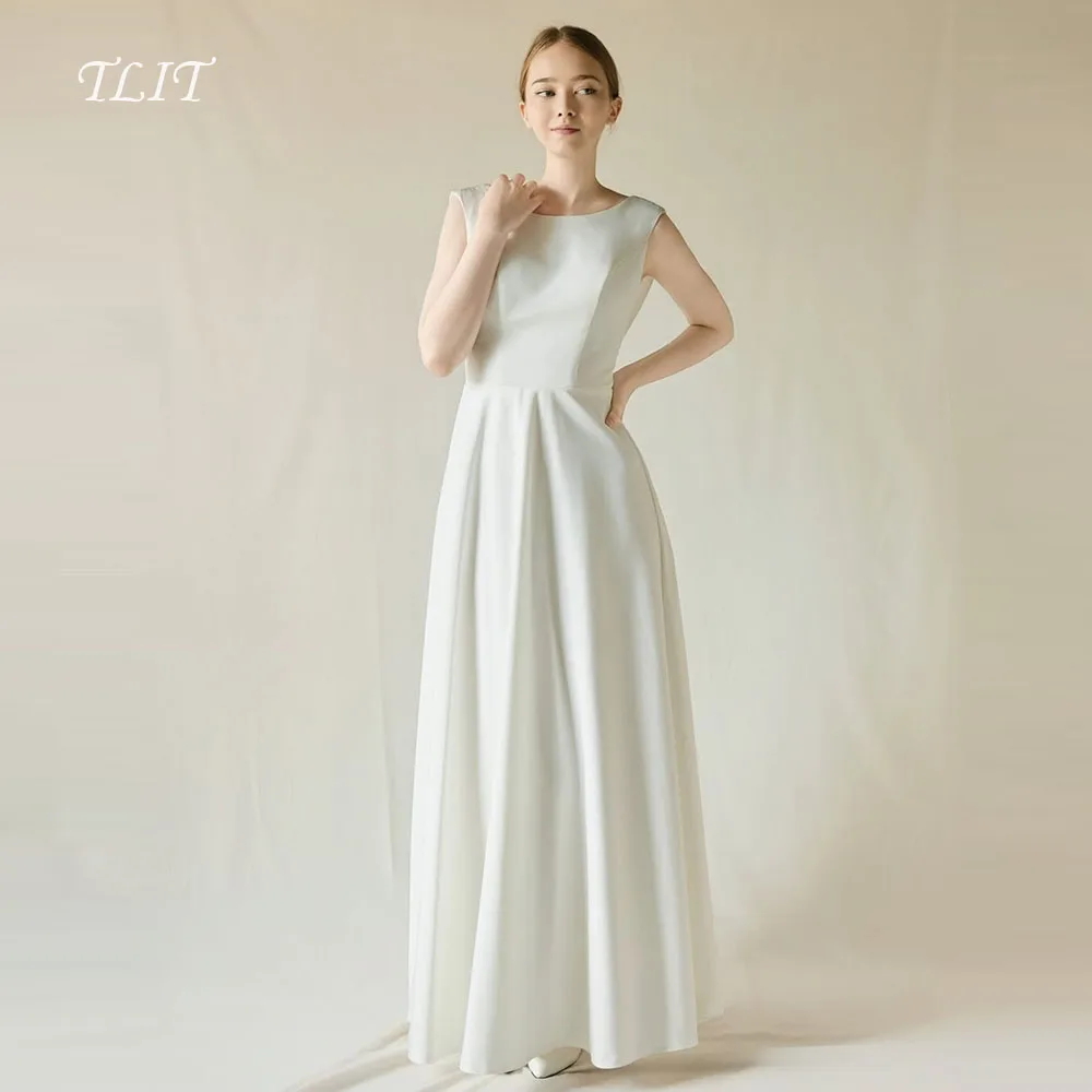 TLIT بسيط العاج الحرير الساتان ألف خط فستان الزفاف مخصص واسعة السباغيتي حزام فستان زفاف كوريا فساتين الزفاف صور تبادل لاطلاق النار