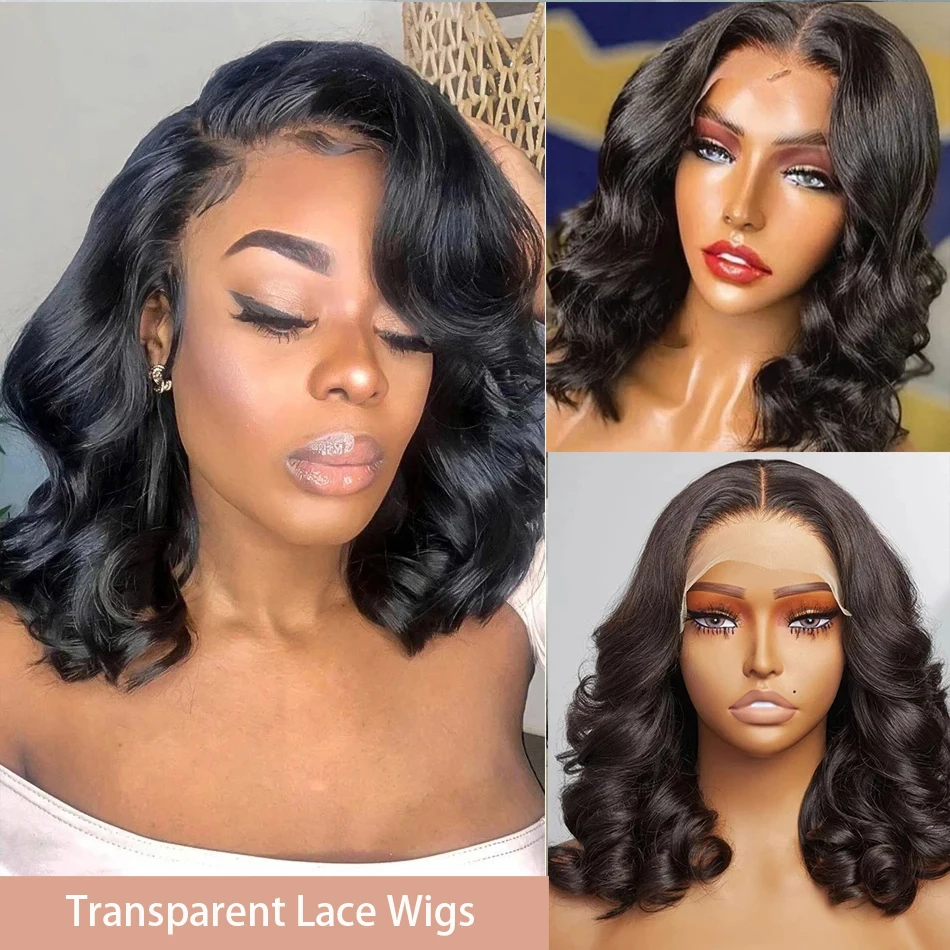 230% Плотность 13x4 Короткие вьющиеся боб Объемная волна Кружевные фронтальные парики Закрытие 4x4 Прозрачный парик фронта шнурка Бразильские 100% человеческие волосы