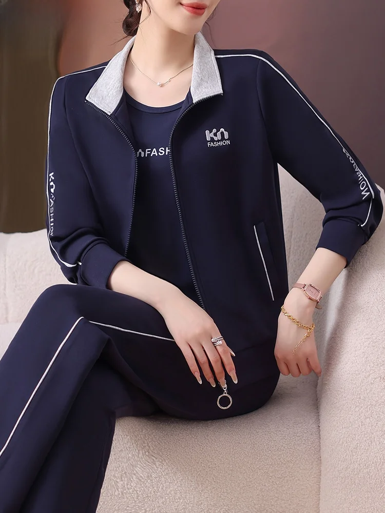 

Sportswear Set Casual Women's Three-piece Set Middle-aged And Elderly Autumn Fashion Loose Fit Long Pants Zipper Closure
