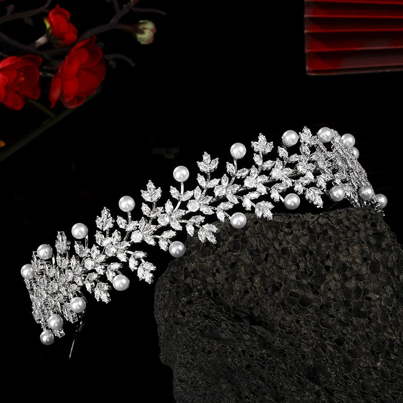 Luxury Bridal Tiara Headbands For Wedding Bride Headdress Cubic Zirconia Pearl Tiaras Crowns For Women Party Prom Hair Jewelry