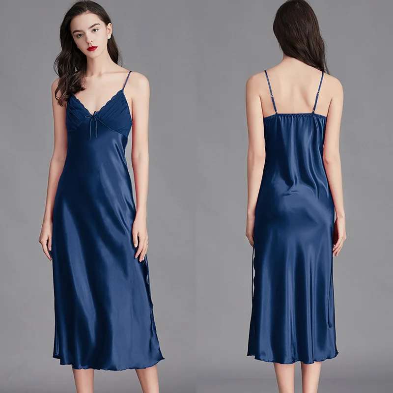 

Sling pajamas female Xia Bing silk sexy split long nightdress bow home clothes