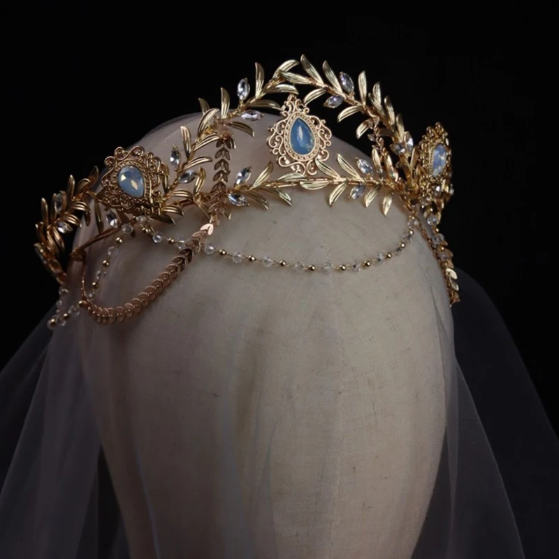 Vintage Wedding Crown Women Prom Hairband Gold Color Leaf Bridal Forehead Tiara Bride Hair Piece Accessories