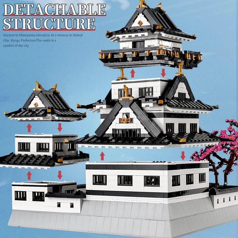 MOC – ensemble de blocs de construction d'architecture de château Sakura Himeji japonais ancien, idée de palais de fleurs, jouet cadeau pour enfants, vacances d'anniversaire