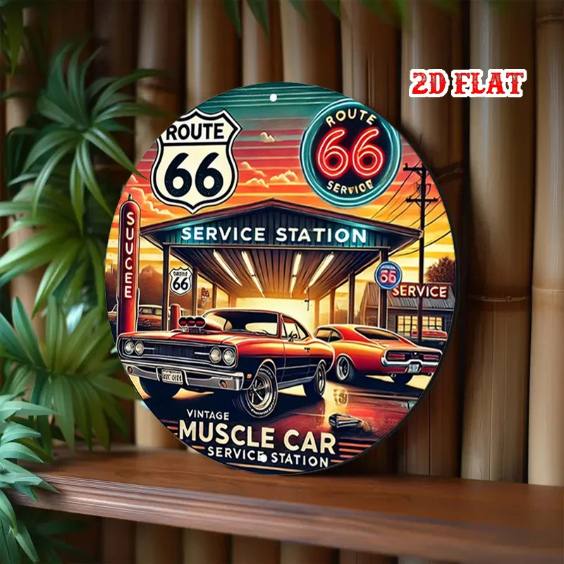 2D Flat, 1pc Vintage 1960s Route 66 Gas Station Metal Sign - Retro 50s/60s Muscle Car Garage Decor with Neon-Like Lighting