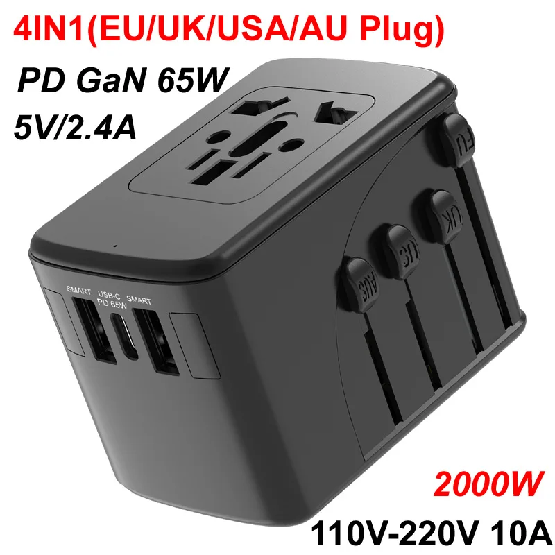 

AC 110V/220V Travel Socket Power Adapter privide 4 types Plug 3 USB Ports 5V 3A Type C Fast Charging Charger for Phone PC iPad