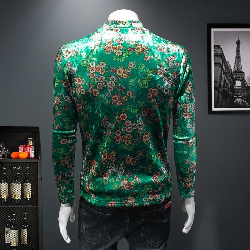 Green Casual T Shirt Men Long Sleeve Turtleneck Slim Fit Floral Winter Quality Velvet Thick Soft Comfortable Camisetas De Hombre