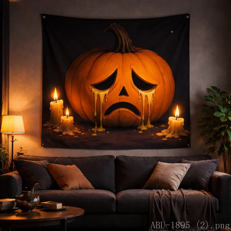 VIKAMA Autumn Halloween Tapestry Glowing Evil Pumpkin Maple Leaves Wall Hanging for Home Gift Decoration