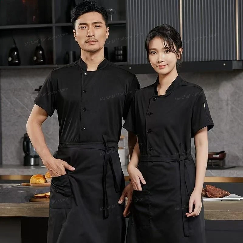 زي طاهٍ للمطاعم بأكمام قصيرة للرجال، جاكيت شبكي قابل للتنفس مع مريلة، معطف طاهٍ للمطبخ، شعار ملابس العمل للنساء باللون الأسود