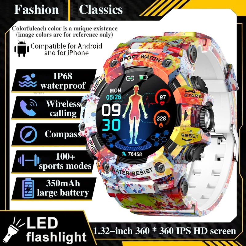 Classic Camouflage Style Outdoor Sports Men's Smartwatch, Flashlight Compass Call+Text Message Designed for Outdoor Enthusiasts