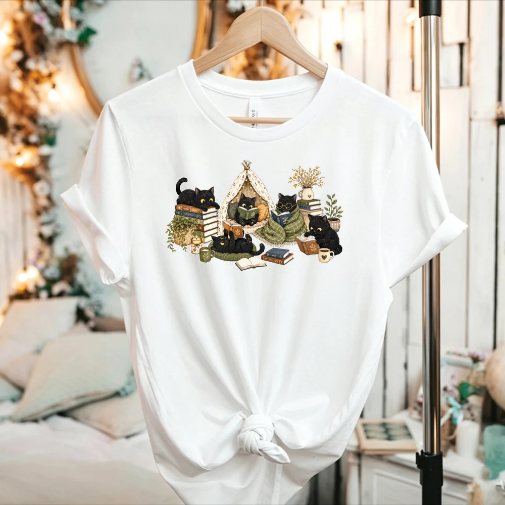 Black Cat Reading T-shirt Book Lover Tee Cozy Crew Neck Relaxed Fit Cotton Gift for Her Cat Mom Librarian Teacher Bookish Reader