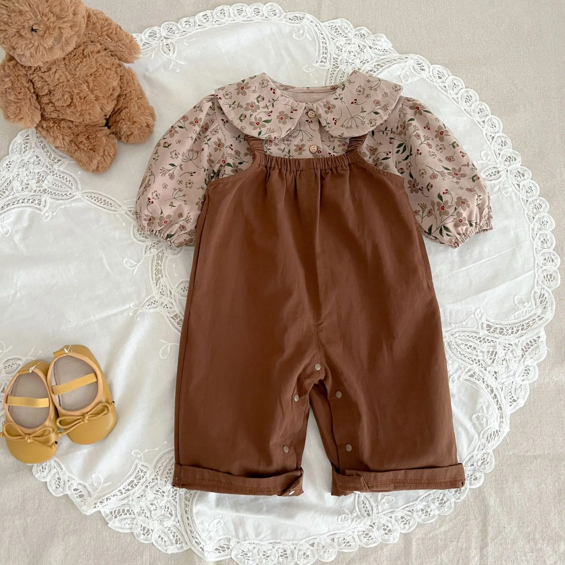 2psc Autumn Newborn Infant Baby Girls Romper Floral Shirt And Suspenders Suit Rompers Kids Onepiece Fashion Baby Clothing