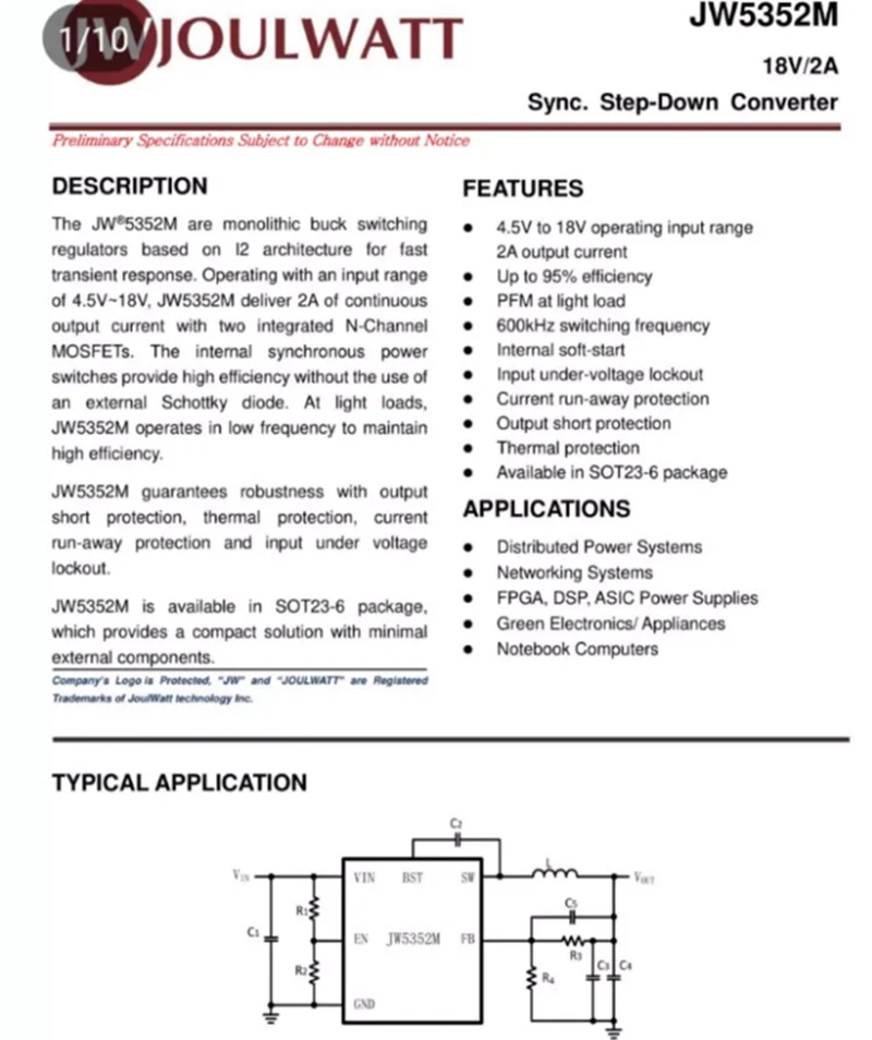 10PCS JW5352M Jiehuate brand 4.5-18V 2A 600KHZ SOT23-6 synchronous voltage reduction and stabilization IC