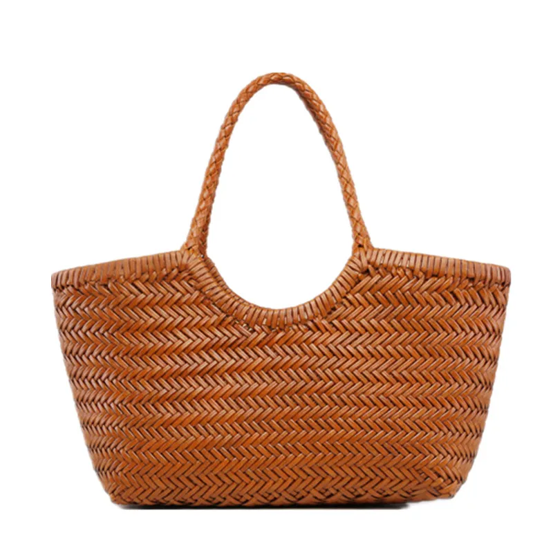 

Hand-woven Genuine Leather Woven casual vegetable basket with Casual Woven Inside Vintage Shopping Tote