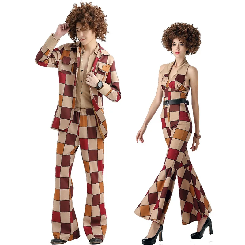 Halloween Jaren 70 Retro Disco Hippie Cosplay Party Danspaar Kostuum Set Dambord Mode Outfit Jongens Meisjes Outfits Pakken