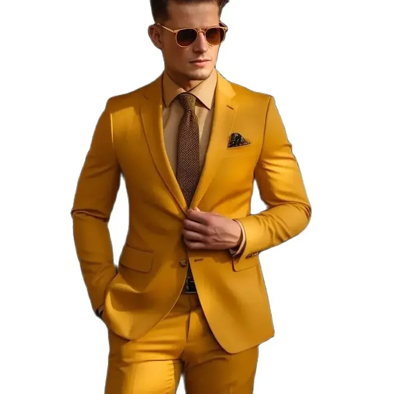 2 pezzi eleganti abiti da uomo formale Slim Fit Set completo giallo monopetto con risvolto Blazer giacca di lusso pantaloni abbigliamento maschile