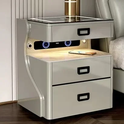 طاولة بجانب السرير الذكية الفاخرة الحديثة مع أضواء LED شحن لاسلكي، أثاث تخزين خشبي لغرفة النوم ومكبر صوت بلوتوث آمن