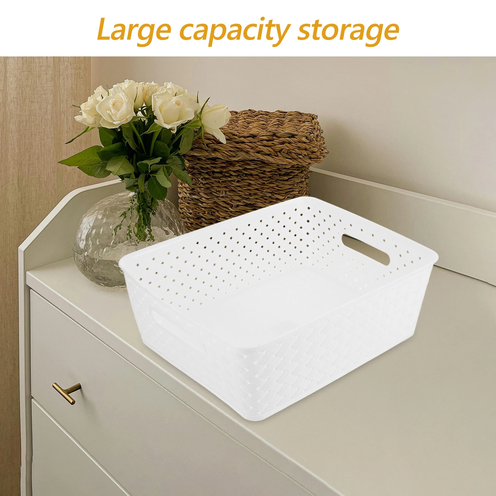

Plastic Storage Basket Woven Large Capacity Lid Handles Pantry Organizer Bins Kitchen Bathroom Storage