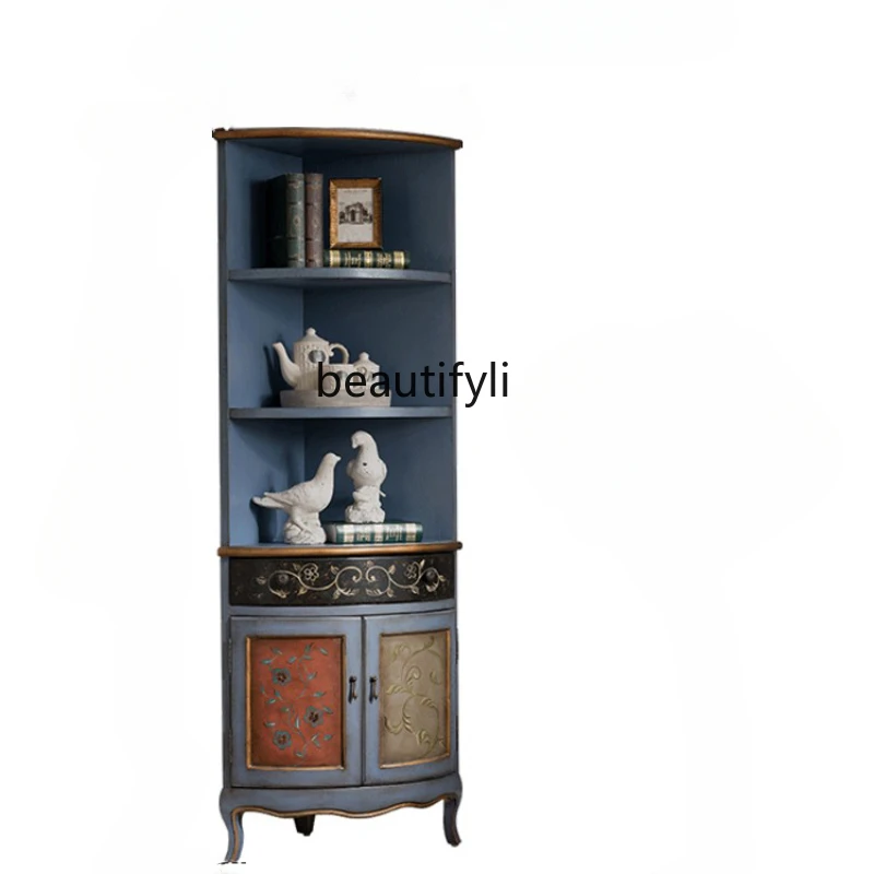 

American-Style Solid Wood Corner Cabinet Painted Bedroom Corner Mediterranean Triangle Cabinet Retro Living Room Curio Cabinet