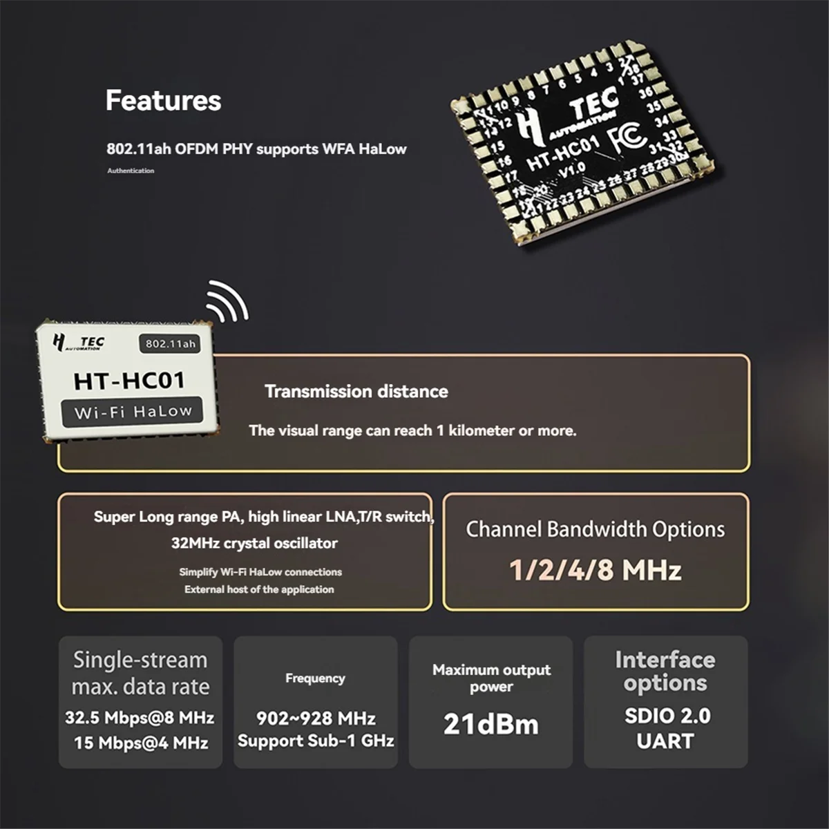 

2025+ HC01 Модуль Wi-Fi HaLow 902-928 МГц 32,5 Мбит/с 1-2 км Высокоскоростная передача данных на большие расстояния Беспроводной доступ IoT