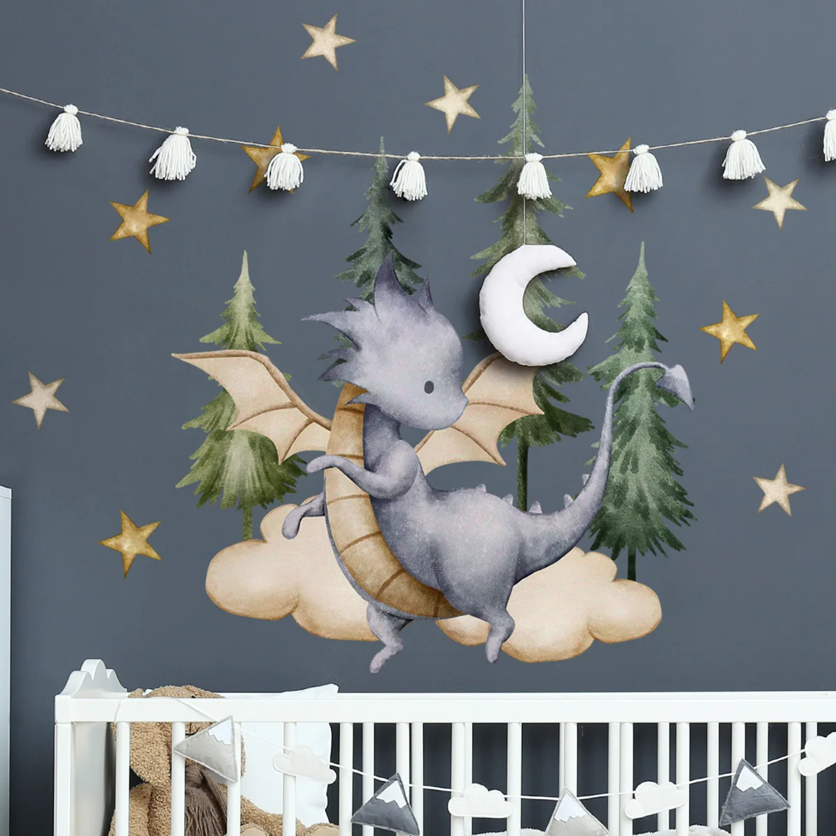 Cartoon Dinosaur Pine Tree Star Wall Sticker Removable Self-Adhesive Baby Dragon Wall Decals for Kids Room Boys Bedroom Decor