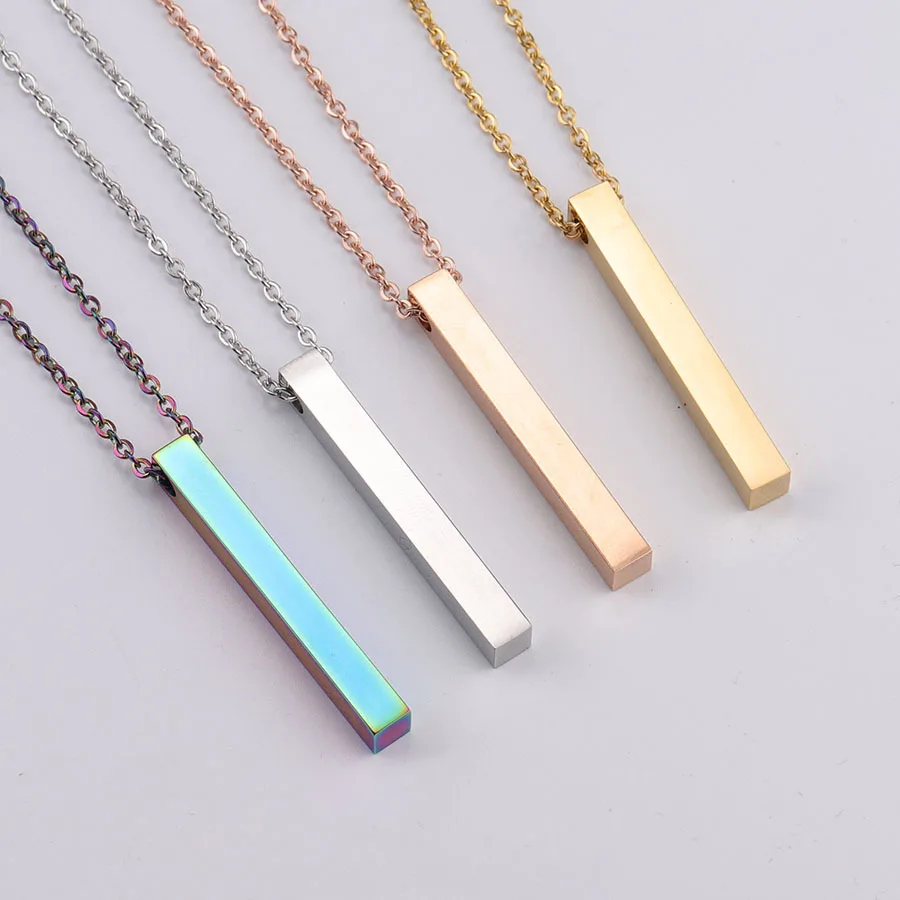 Mirror Polished Stainless Steel Four Sides Can Engrave Blank Square Bar Custom Name Necklace Rectangle Pendant Necklace Chain