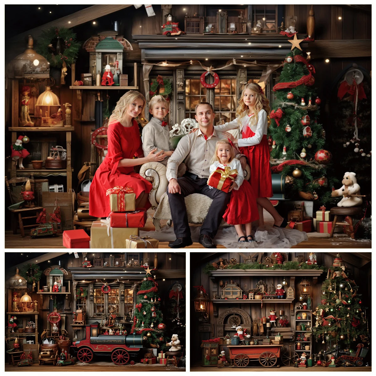 Christmas Vintage Warehouse Backdrop Xmas Tree Winter Wooden House Plank Shelf Toy Gift Family Party Photography Background Deco