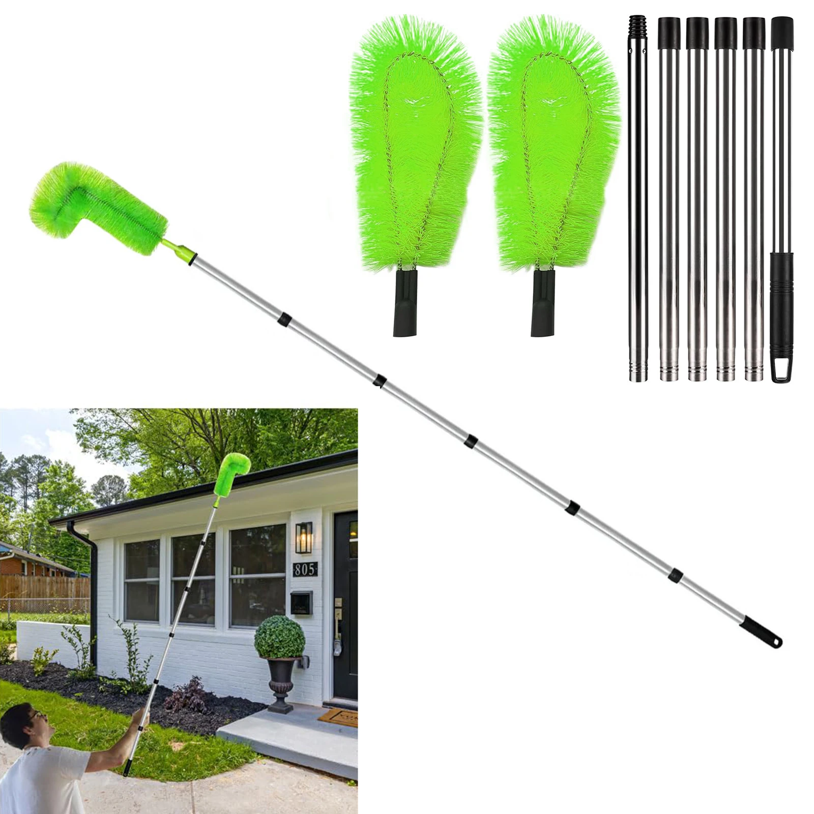 8pcs/set Stainless Steel Pipe Roof Gutter Cleaning Brush with Telescopic Extendable Pole asy Remove Leave Color Yellow Blue