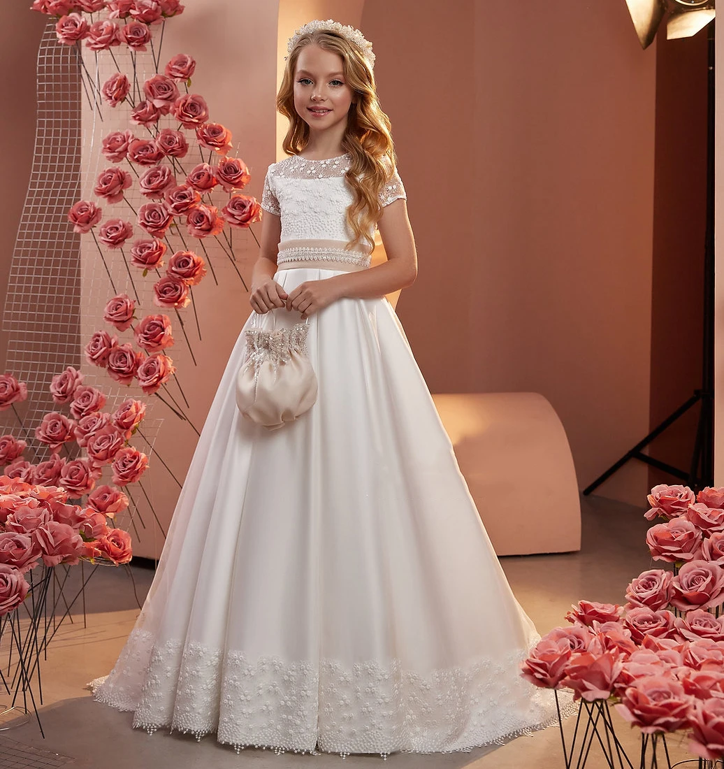 Robe de demoiselle d'honneur en dentelle blanche pour mariage, appliques en satin, longueur au sol avec nœud, boule d'anniversaire pour enfants, quelle que soit la robe de première communion