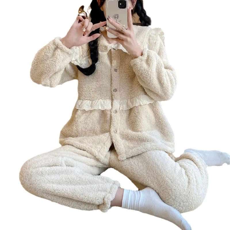 Vêtements de nuit en laine épaisse pour femmes, gâteau de mouton, série d'hiver, col de poupée mignon, ample, couleur unie, ensemble de vêtements de nuit pouvant être porté à l'extérieur