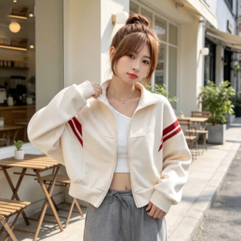 Women American Vintage Stand Collar Cropped Oversized Sweatshirt Jacket, Casual Versatile for Spring & Autumn Cropped