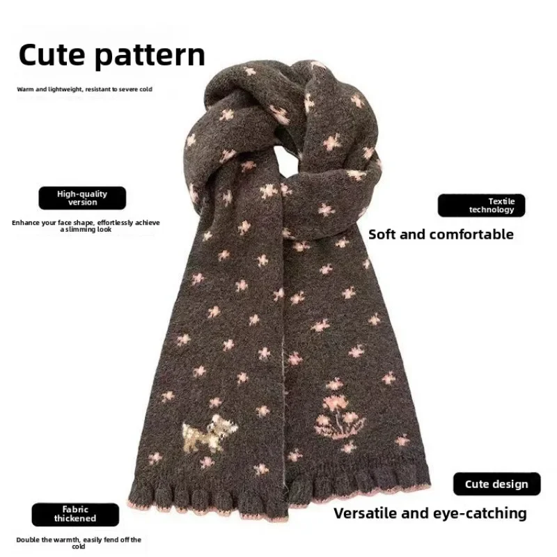 Pink Coffee Deer Print Double Sided Knitted Scarf for Women Thick Warm Neck Wrap Protective Winter Fashion Accessory