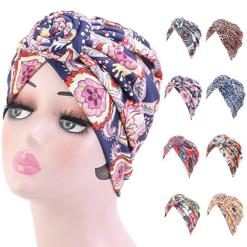 Women Knotted Headscarf Cap Muslim Hijab Turban Hair Loss Cover Scarf for Head Wrap Paisley Floral Print Bandana Beanie