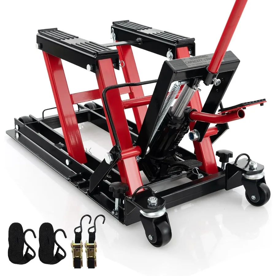 

Motorcycle Lift 15000 LBS Hydraulic ATV Scissor Jack with Footplates Long Handle 2 Ratchet Belts 4 Wheels 4.715 Lifting Range M
