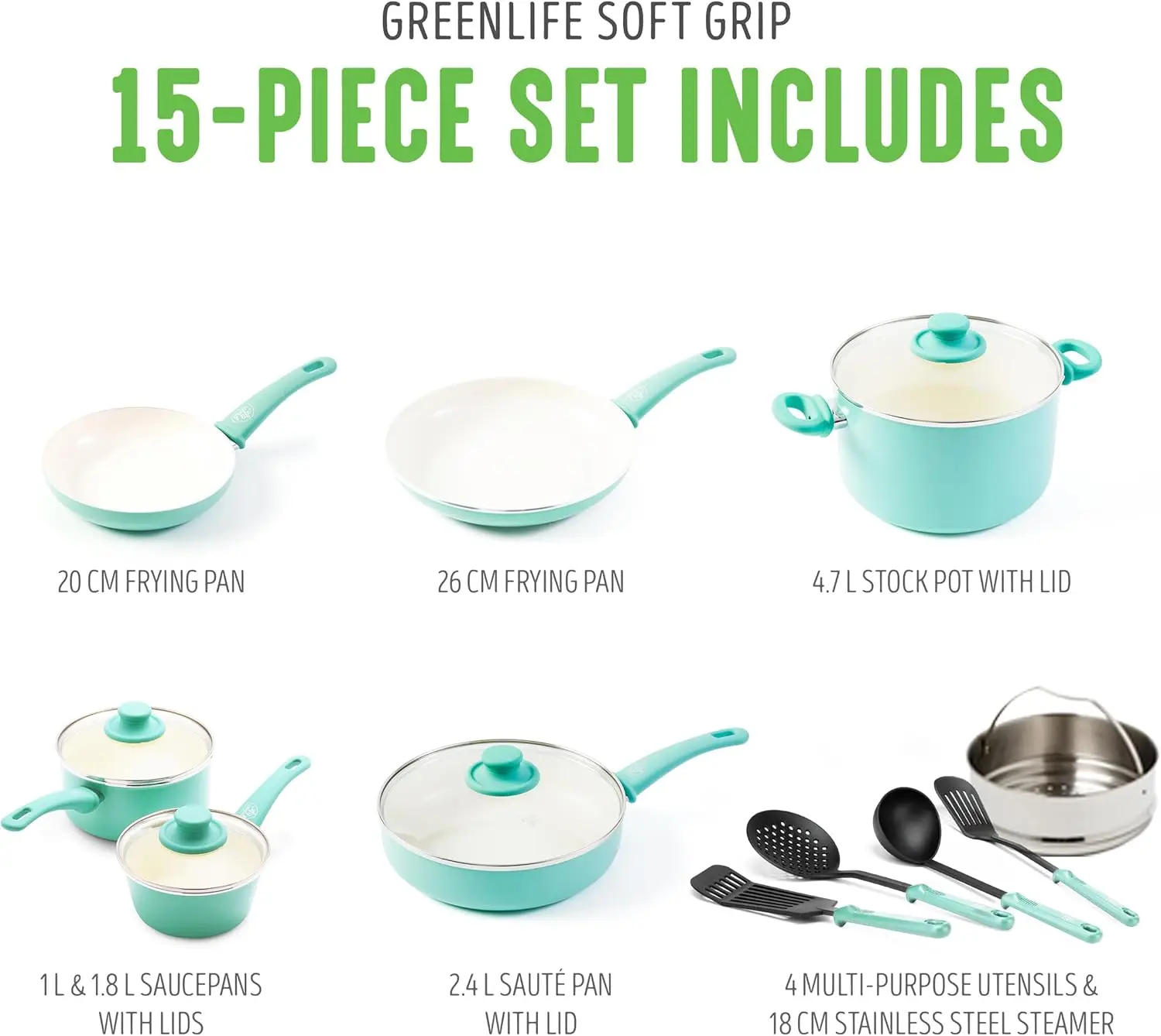 Juego de ollas y sartenes antiadherentes de cerámica saludable con agarre suave, utensilios de cocina de 15 piezas, inducción, sin PFAS, apto para lavavajillas, turquesa