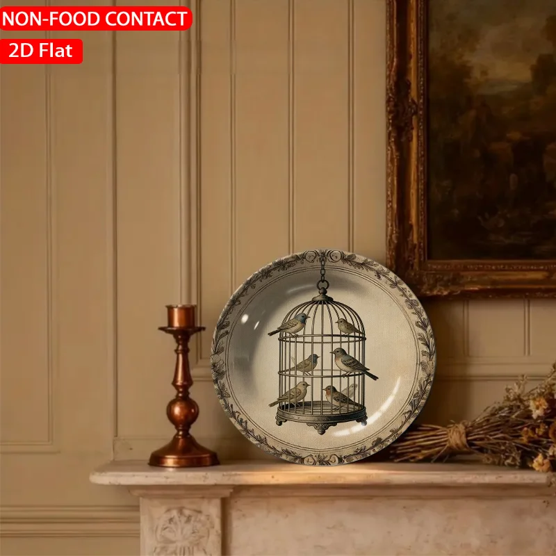 1pc Vintage Ornate Bird Cage Beige Ceramic Plate Non-Food Contact, Home Desk Ornaments, Living Room And Bedroom Decorations,