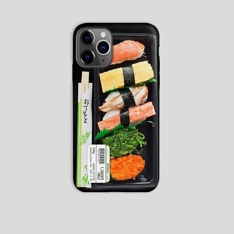 Funda de teléfono para iPhone 16 15 14 13 12 11 X XS XR XSMAX 7 8 Pro Max Plus, funda trasera de doble capa con patrón de sushi realista de lujo