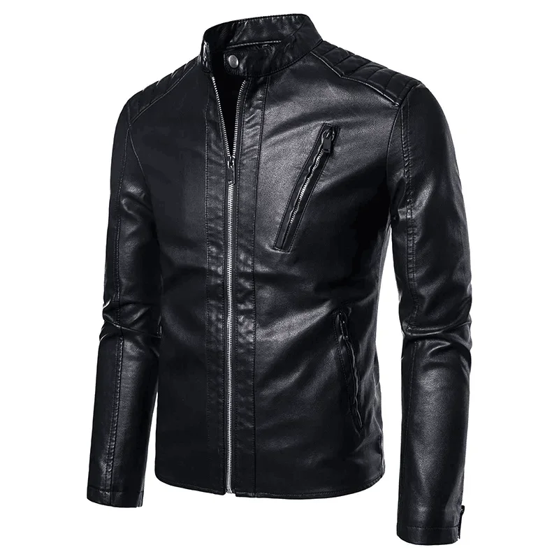 Spring Autumn High-end Brand Men's Zipper Leather Jacket Solid Stand Collar Fashion PU Leather Casual Slim White Windproof Coat