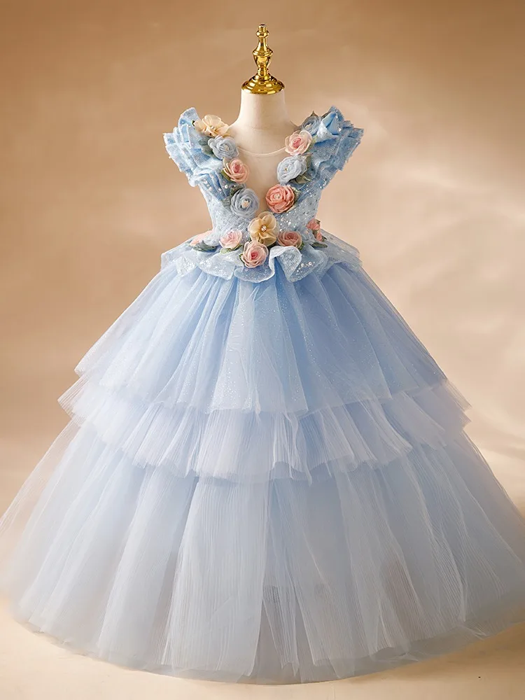 Fashion Ball Gown 3D Flowers Baby Flowers Girl Dresses Tulle Princess Children Wedding Birthday Prom Party Gowns